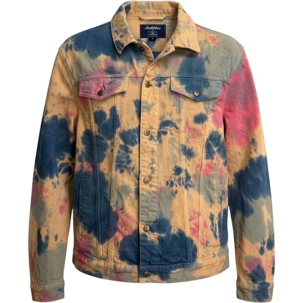 Chubbies Tie Dye Denim Jacket Large Blue Pink Yellow Wanderers Club Trucker